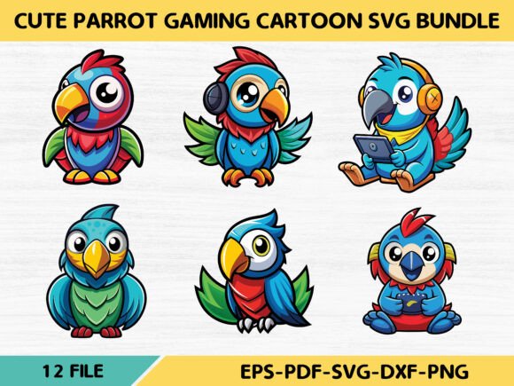 Cute Parrot Gaming Cartoon Svg Bundle