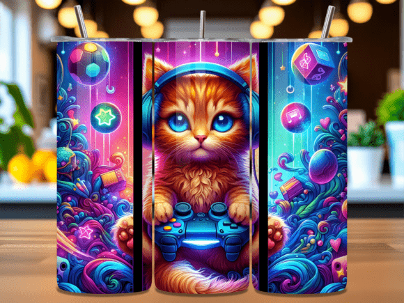 Gamer Cat Neon Gaming Tumbler Wrap PNG
