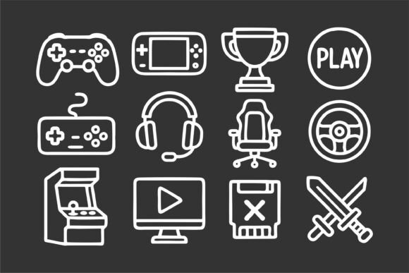 Gaming Icons Set: White Outline Symbols for Digital Creators