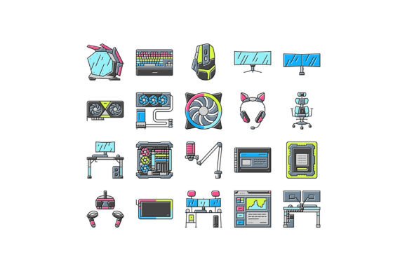 Gaming Pc Hardware Icons Set Vector