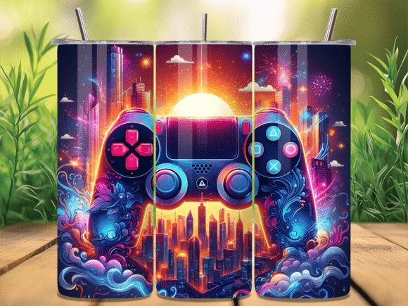 Neon City Sunset Gaming Tumbler Wrap PNG