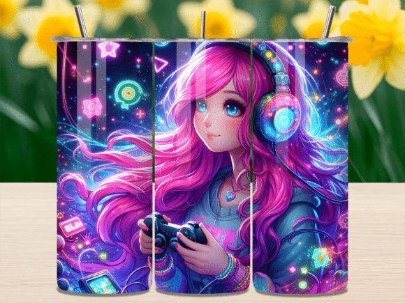 Neon Gamer Girl Gaming Art Tumbler Wrap