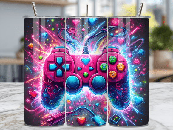Neon Gaming Controller Tumbler Wrap PNG for Creative and Business Use