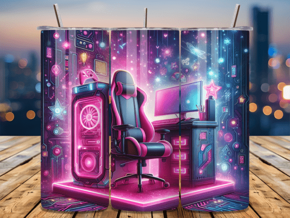 Pink Neon Gaming Setup Room Tumbler Wrap